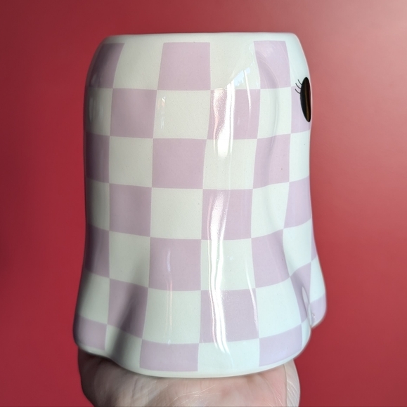 ❌SOLD❌Viral 🎥 Girl Ghost Pinkoween Sculpted Mug with Purple Check Pattern - Picture 3 of 6